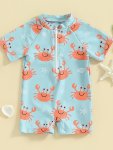 Baby Boys Cute Cartoon Crab Pattern Short Sleeve Quick Dry Swimwear For Summer Holiday Beach Surfing Swimming