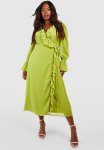 Plus Chiffon Ruffle Wrap Dress - Olive