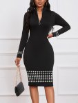 Zip Up Striped Print Dress Casual Long Sleeve Bodycon Midi Dress Women's Clothing