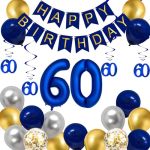 Brt Bearingshui Blue & Gold 60TH Birthday Party Decorations - Happy Birthday Banner Number 60 Foil Balloon Navy Blue & Gold Supp