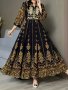 Ethnic Floral Print V Neck Dress Elegant 3/4 Sleeve Swing Maxi Dress For Vacation Women's Clothing