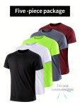 5PCS Men's Solid Quick Dry Ultra Thin Breathable Short Sleeve Round Neck Comfy T-Shirt For Gym Fitness Training Spring And Summe