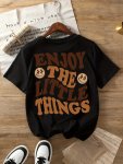 Letter Print T-Shirt Short Sleeve Crew Neck Casual Top For Summer & Spring Women's Clothing