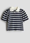 Puff-sleeve Polo Shirt - Dark Blue Striped