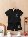 Summer Cartoon Bear Print Romper Set For Boys Short Sleeve T-Shirt And Shorts Soft Polyester Fabric Machine Washable Cartoon Des