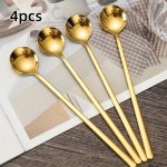 4-PIECE Golden Stainless Steel Dessert Spoons Set - Long Handle Elegant Design For Coffee Tea And Desserts - Versatile Use For H