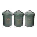 Kitchen Tea Coffee & Sugar Canisters Green With Gold Print 3 Piece Set