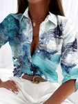 Marble Print Polo Collar Shirt Casual Button Long Sleeve Shirt For Spring & Fall Women's Clothing