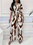 Allover Print V Neck Jumpsuit Elegant Short Sleeve Wide Leg Jumpsuit Women's Clothing