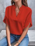 Solid Color Notch Neck Blouse Casual Short Split Sleeve Blouse For Spring & Summer Women's Clothing