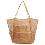 Packable Mesh Beach Bag Tote With Zippered Inner Pocket Brown