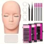 Eyelash Extensions Practice Kit Professional Training Eyelash Mannequin Head False Eyelashes Eyelash Tweezer Lash Brush Silicone Forehead Sticker Lash Glue Holder & Breathable Eyelash