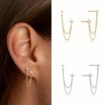 Creative Double Hole Stud Earrings With Chain Design Embellished With Zirconia Elegant Luxury Style Personality Ear Decor