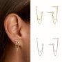 Creative Double Hole Stud Earrings With Chain Design Embellished With Zirconia Elegant Luxury Style Personality Ear Decor