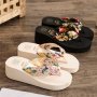 Women's Wedge Flip Flops Floral Print Satin Slip On Soft Sole Slide Shoes Fashion Outdoor Beach Slides For Holiday