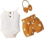 Mustard Daisy Shorts With Matching Headband And White Romper