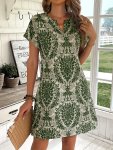 Damask Print Notched Neck Dress Vacation Batwing Short Sleeve Dress For Spring & Summer Women's Clothing