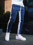 Men's Color Block Split Pants With Zipper Pockets Casual Drawstring Joggers For Spring Fall Outdoor Activities