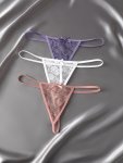 3PCS Solid Floral Lace Semi Sheer Thongs Sexy Comfy Breathable Stretchy Intimates Panties Women's Lingerie & Underwear