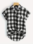 Plaid Print Single-breasted Blouse Casual Collared Knot Front Short Sleeve Blouse For Spring & Summer Women's Clothing