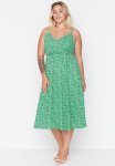 A-line Double Breasted Neck Floral Pattern Knitted Dress - Green