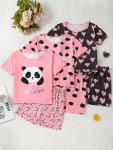 6 Pcs Girls Cute Panda Heart Pattern Short T-shirts & Shorts Pajama Set Comfortable & Skin-friendly Style Princess Pajamas For G