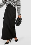 High Waisted Twill Cargo Midaxi Skirt - Black
