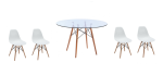 5 Piece Glass Table And White Wooden Leg Chairs