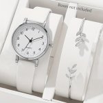 2PCS SET Women's Casual Round Pointer Quartz Watch Analog Pu Leather Wrist Watch & Leaf Bangle Gift For Girlsher