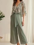 Plant Print Casual Pantsuits Deep V Neck Three-quarter Sleeve Blouse & Solid Tie Waist Pants Outfits Women's Clothing