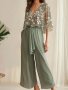 Plant Print Casual Pantsuits Deep V Neck Three-quarter Sleeve Blouse & Solid Tie Waist Pants Outfits Women's Clothing
