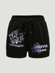 Letter & Bear Print Shorts Casual Drawstring Waist Skinny Shorts For Spring & Summer Women's Clothing