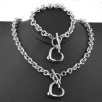 1PC 2PCS Stainless Steel Hollow Heart Pendant Necklace And Bracelet Couple Jewelry Set