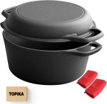 Enamel Cast Iron Dutch Oven 2-IN-1 Design With Frying Pan Lid Slow Cooker
