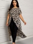 Plus Size Leopard Print Crew Neck Blouse Elegant Short Sleeve Twist Asymmetrical Top For Spring & Summer Women's Plus Size Cloth