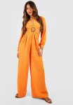 Linen Look Cut Out Detail Jumpsuit - Orange