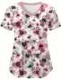 Floral Print Short Sleeve Stretchy Scrub Top Comfortable & Functional Health Care Uniform For Nurse Women's Clothing