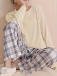 Plaid Print Crew Neck Pajamas Set Casual Long Sleeve Pajama Top & Comfortable Long Pant Women's Sleepwear & Loungewear
