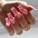 24PC Long Coffin White Flame Full Cover Fake Nails Set With 1 Nail File & 1 Nail Glue Sticker Kit For Girls Banquet Party