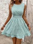 Allover Print Crew Neck Tank Dress Vacation Style Sleeveless Shirred Waist Ruffle Hem Dress For Spring & Summer Women's Clothing