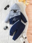 2PCS Baby's Color Clash "dad+me" Print Hoodie & Casual Pants Toddler & Infant Boy's Clothing Set For Spring Fall