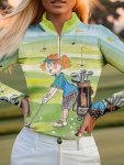 Trendy Fashion Colorful Cartoon Print Long-sleeved Polo Shirt Women's Zipper Casual Sweatshirt Golf Polo