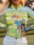Trendy Fashion Colorful Cartoon Print Long-sleeved Polo Shirt Women's Zipper Casual Sweatshirt Golf Polo