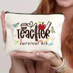 Teacher's Canvas Cosmetic Bag - Versatile Pencil Case & Storage Organizer With Zipper White