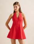 Ina Button Front Halter Linen MINI Dress - 16 Bright Red