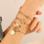 4-PIECE Set Retro & Classic Style Fashionable Golden Metal Chain Bracelets Hip Hop Spice Versatile Simple Jewelry Accessories Fo