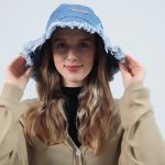 Classic Raw Trim Bucket Hat Denim Washed Distressed Basin Hats Lightweight Casual Sunshade Fisherman Cap For Women
