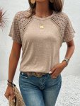 Contrast Lace Crew Neck T-Shirt Casual Short Sleeve T-Shirt For Spring & Summer Women's Clothing
