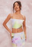 Multi Watercolour Print Plisse Strappy Cowl Neck Top - Multi