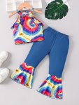 Girls Casual 2PCS Trendy Creative Rainbow Graffiti Print Outfits Halter Neck Sleeveless Top + Splicing Flare Pants Set Outdoor G
